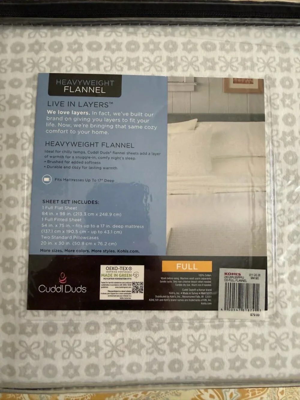 Cuddl Duds Heavyweight Flannel White & Gray Geo Full Sheet Set - NIP